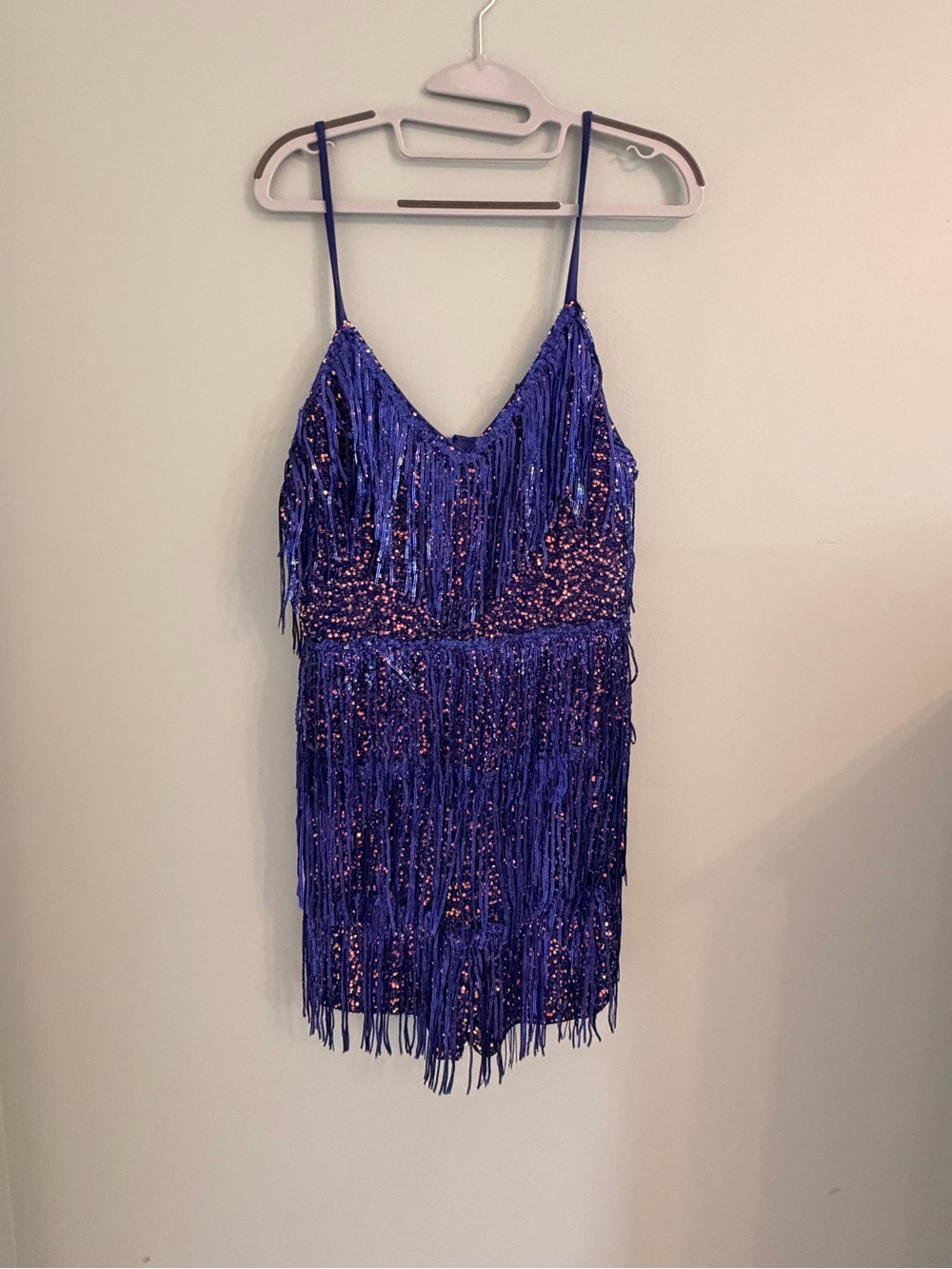 Blue Sequin Fringe Mini Romper with Spaghetti Straps